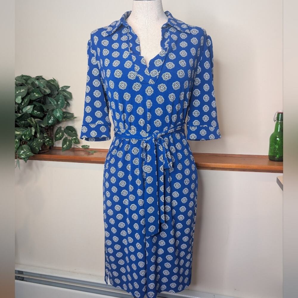 Premise Dresses Blue Geometric Print Faux Wrap Midi Dress Size M